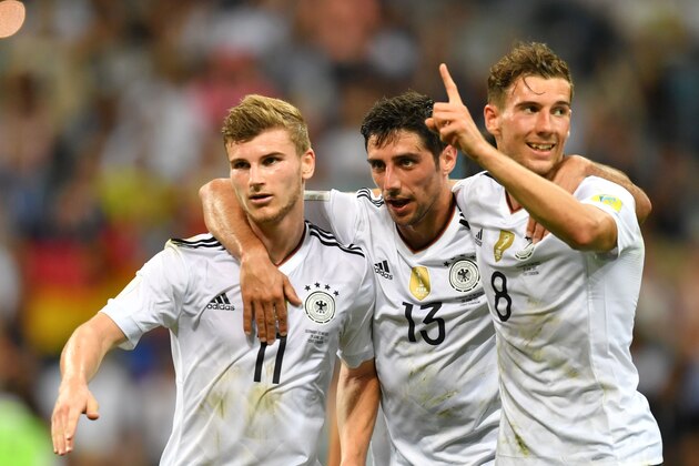 Germany's forward Timo Werner (L celebrate with Germany's midfielder Lars Stindl and Germany's midfielder Leon Goretzka after scoring during the 2017 Confederations Cup semi-final football match between Germany and Mexico at the Fisht Stadium in Sochi on June 29, 2017. / AFP PHOTO / Yuri CORTEZ        (Photo credit should read YURI CORTEZ/AFP/Getty Images)