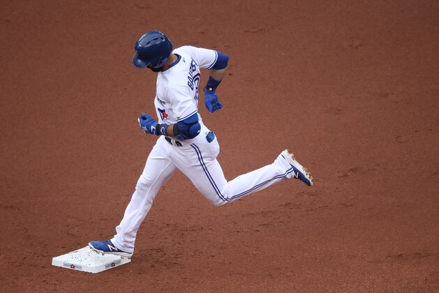 TORONTO, ON - JUNE 28: Jose Bautista #19 of the Toronto Blue Jays circles the bases after hitting a solo home run in the first inning during MLB game action against the Baltimore Orioles at Rogers Centre on June 28, 2017 in Toronto, Canada. (Photo by Tom Szczerbowski/Getty Images)