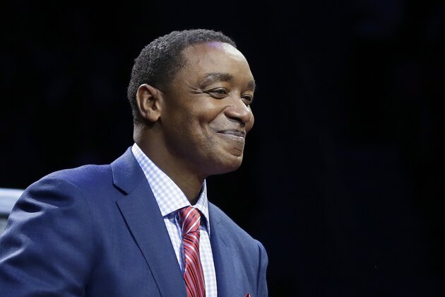 Former Detroit Pistons player Isiah Thomas, is seen during a halftime ceremony where Chauncey Billups' jersey was raised to the rafters during an NBA basketball game between the Detroit Pistons and the Denver Nuggets, Wednesday, Feb. 10, 2016 in Auburn Hills, Mich. (AP Photo/Carlos Osorio)