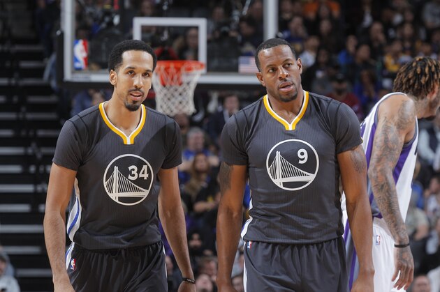 SACRAMENTO, CA - FEBRUARY 4: Shaun Livingston #34 and Andre Iguodala #9 of the Golden State Warriors look on during the game against the Sacramento Kings on February 4, 2017 at Golden 1 Center in Sacramento, California. NOTE TO USER: User expressly acknowledges and agrees that, by downloading and or using this photograph, User is consenting to the terms and conditions of the Getty Images Agreement. Mandatory Copyright Notice: Copyright 2017 NBAE (Photo by Rocky Widner/NBAE via Getty Images)