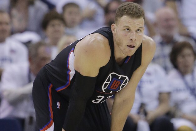 In this Friday, April 21, 2017 photo, Los Angeles Clippers forward Blake Griffin (32) looks on during the first half in Game 3 of an NBA basketball first-round playoff series against the Utah Jazz in Salt Lake City. Griffin is out for the remainder of the playoffs after injuring his big toe during Friday night's win against the Utah Jazz. The team announced Saturday that the five-time All-Star was diagnosed with an injury to the plantar plate of his right big toe. (AP Photo/Rick Bowmer)