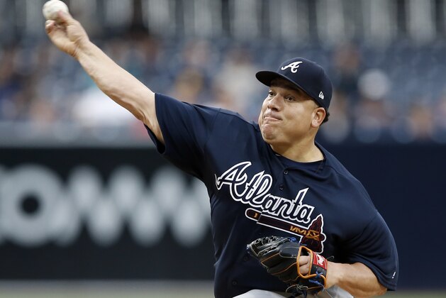 Atlanta Braves starting pitcher Bartolo Colon throws to the plate during the first inning of a baseball game against the San Diego Padres in San Diego, Wednesday, June 28, 2017. (AP Photo/Alex Gallardo)