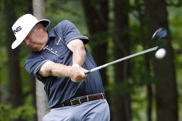 Kirk Triplett tees off on the ninth hole during the first round of the U.S. Senior Open golf tournament, Thursday, June 29, 2017, in Peabody, Mass. (AP Photo/Michael Dwyer)