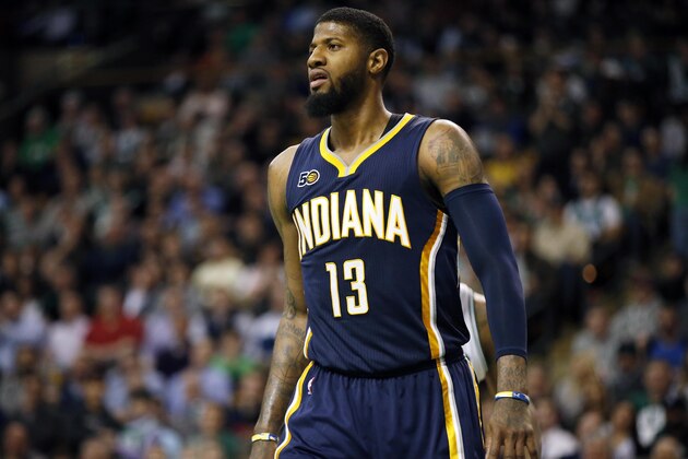 Indiana Pacers' Paul George during the third quarter of an NBA basketball game against the Boston Celtics in Boston, Wednesday, March 22, 2017. The Celtics won 109-100. (AP Photo/Michael Dwyer)