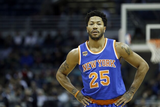New York Knicks' Derrick Rose during the first half of an NBA basketball game against the Milwaukee Bucks Wednesday, March 8, 2017, in Milwaukee. (AP Photo/Aaron Gash)