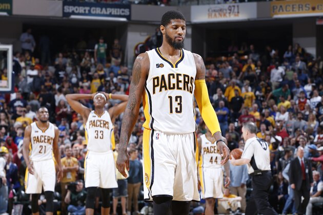 INDIANAPOLIS, IN - APRIL 23: Paul George #13 of the Indiana Pacers reacts against the Cleveland Cavaliers in Game Four of the Eastern Conference Quarterfinals during the 2017 NBA Playoffs at Bankers Life Fieldhouse on April 23, 2017 in Indianapolis, Indiana. The Cavaliers defeated the Pacers 106-102 to sweep the series 4-0. NOTE TO USER: User expressly acknowledges and agrees that, by downloading and or using the photograph, User is consenting to the terms and conditions of the Getty Images License Agreement. (Photo by Joe Robbins/Getty Images)