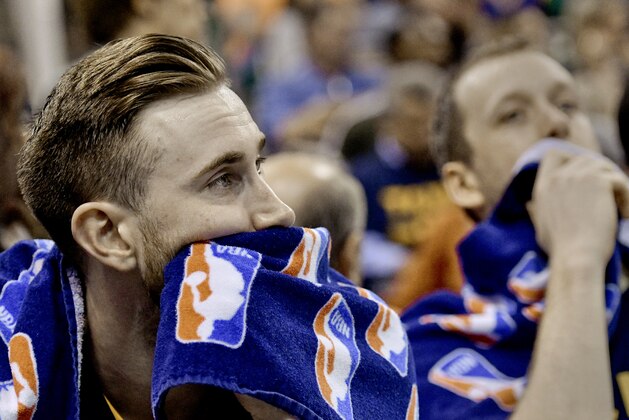 SALT LAKE CITY, UT - MAY 8: (L-R) Gordon Hayward #20 and Joe Ingles #2 of the Utah Jazz on the bench as the time expired in their 121-95 loss to the Golden State Warriors in Game Four of the Western Conference Semifinals during the 2017 NBA Playoffs at Vivint Smart Home Arena on May 8, 2017 in Salt Lake City, Utah. NOTE TO USER: User expressly acknowledges and agrees that, by downloading and or using this photograph, User is consenting to the terms and conditions of the Getty Images License Agreement. (Photo by Gene Sweeney Jr/Getty Images) SALT LAKE CITY, UT - MAY 8: (L-R) Gordon Hayward #20 and Joe Ingles #2 of the Utah Jazz on the bench as the time expired in their 121-95 loss to the Golden State Warriors in Game Four of the Western Conference Semifinals during the 2017 NBA Playoffs at Vivint Smart Home Arena on May 8, 2017 in Salt Lake City, Utah. NOTE TO USER: User expressly acknowledges and agrees that, by downloading and or using this photograph, User is consenting to the terms and conditions of the Getty Images License Agreement. (Photo by Gene Sweeney Jr/Getty Images)