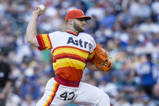 SEATTLE, WA - JUNE 24: Starter Lance McCullers Jr. #43 of the Houston Astros delivers a pitch during the first inning of a  game against the Seattle Mariners at Safeco Field on June 24, 2017 in Seattle, Washington. The Astros won 5-2 and McCullers got the win. (Photo by Stephen Brashear/Getty Images)