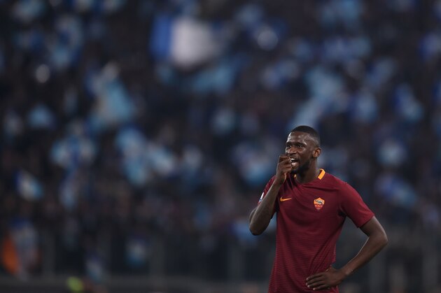 Roma's defender from Germany Antonio Rudiger reacts during the Italian Tim Cup second leg semi-final football match AS Roma vs Lazio on April 4, 2017 at the Olympic stadium in Rome.  / AFP PHOTO / Filippo MONTEFORTE        (Photo credit should read FILIPPO MONTEFORTE/AFP/Getty Images)