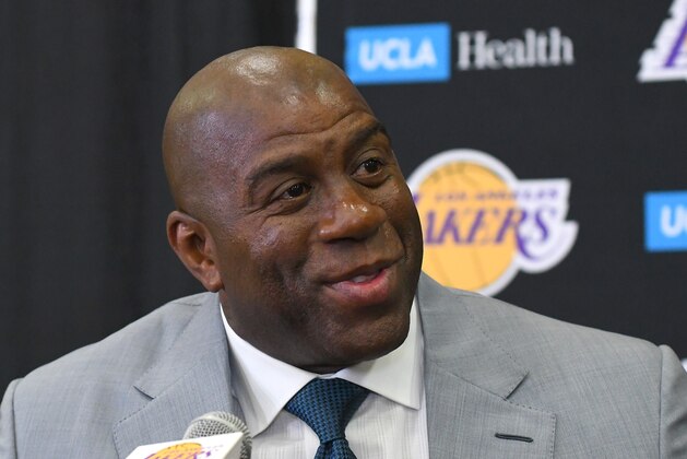 LOS ANGELES, CA - JUNE 23:  Magic Johnson, president of basketball operations of the Los Angeles Lakers talks to the media during a press conference on June 23, 2017 at the team training faculity in Los Angeles, California.  (Photo by Jayne Kamin-Oncea/Getty Images)