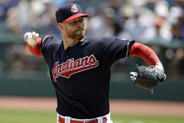 Cleveland Indians starting pitcher Corey Kluber delivers in the first inning of a baseball game against the Texas Rangers, Thursday, June 29, 2017, in Cleveland. (AP Photo/Tony Dejak)