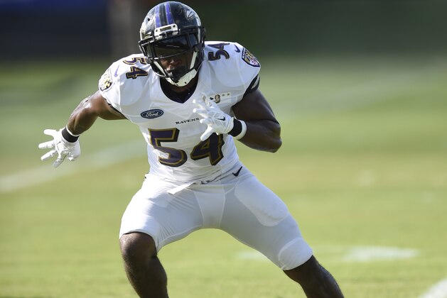 FILE - In this Aug. 4, 2016, file photo, Baltimore Ravens linebacker Zachary Orr awaits a pass during NFL football training camp in Owings Mills, Md. Orr has announced his retirement, Friday, Jan. 20, 2017,  after learning he has a congenital spinal condition.  (AP Photo/Gail Burton, File)