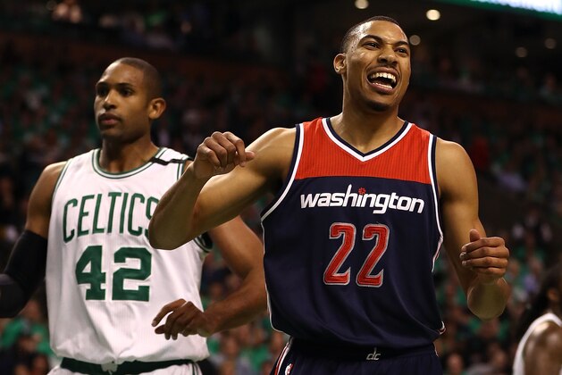 BOSTON, MA - MAY 15:  Otto Porter Jr. #22 of the Washington Wizards reacts after a basket against Al Horford #42 of the Boston Celtics during Game Seven of the NBA Eastern Conference Semi-Finals at TD Garden on May 15, 2017 in Boston, Massachusetts.  NOTE TO USER: User expressly acknowledges and agrees that, by downloading and or using this photograph, User is consenting to the terms and conditions of the Getty Images License Agreement.  (Photo by Elsa/Getty Images)