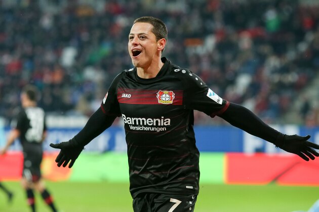 AUGSBURG, GERMANY - FEBRUARY 17: Javier Hernandez of Leverkusen celebrates scoring the third goal during the Bundesliga match between FC Augsburg and Bayer 04 Leverkusen at WWK Arena on February 17, 2017 in Augsburg, Germany. (Photo by TF-Images/Getty Images)