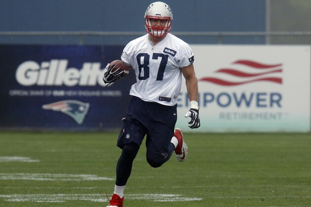 New England Patriots tight end Rob Gronkowski runs through a drill during an NFL football organized team activities practice Thursday, May 25, 2017, in Foxborough, Mass. (AP Photo/Bill Sikes) New England Patriots tight end Rob Gronkowski runs through a drill during an NFL football organized team activities practice Thursday, May 25, 2017, in Foxborough, Mass. (AP Photo/Bill Sikes)