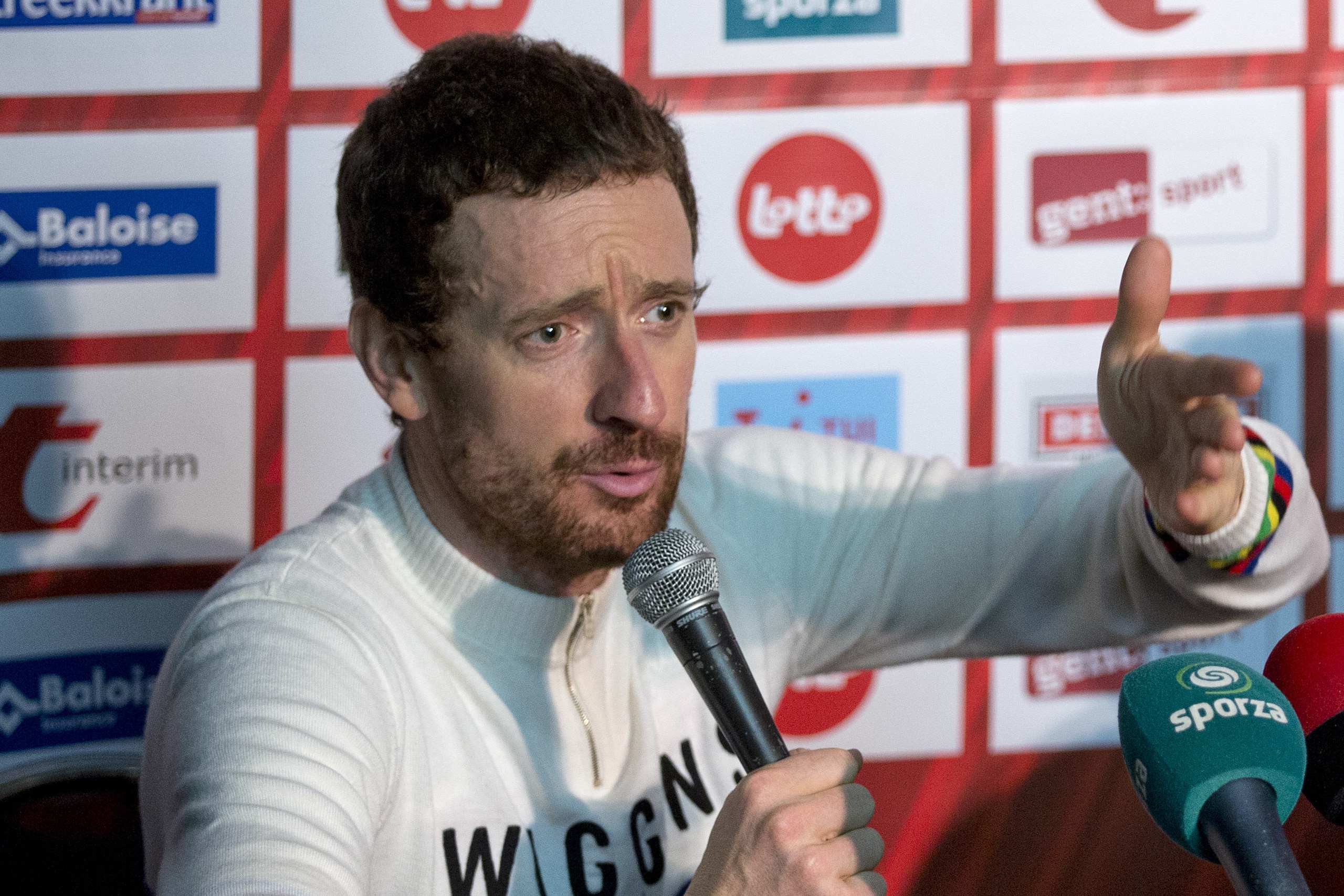 Former Tour de France winner and Olympic Gold medallist Britain's Bradley Wiggins annswers questions of journalists after the six day race at 't Kuipke velodrome in Ghent, Belgium, Sunday, Nov. 20, 2016. The Ghent Six Day event was the first bike race that his father took him to as a child, long before he would become the most decorated Olympian in British history. (AP Photo/Peter Dejong)