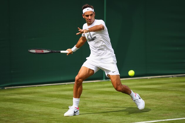 LONDON, ENGLAND - JUNE 30:  Roger Federer of Switzerland plays a forehand during practice ahead of Wimbledon Lawn Tennis Championships at the All England Lawn Tennis and Croquet Club on June 30, 2017 in London, England.  (Photo by Clive Brunskill/Getty Images)
