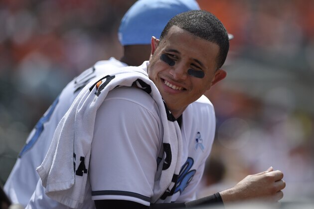 Baltimore Orioles' Manny Machado looks on in the dugout during a baseball game against the St. Louis Cardinals, Sunday, June 18, 2017, in Baltimore. (AP Photo/Nick Wass)
