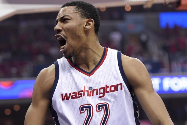 Washington Wizards forward Otto Porter Jr. (22) reacts after he was fouled during the first half in Game 4 of a second-round NBA basketball playoff series against the Boston Celtics, Sunday, May 7, 2017, in Washington. (AP Photo/Nick Wass)
