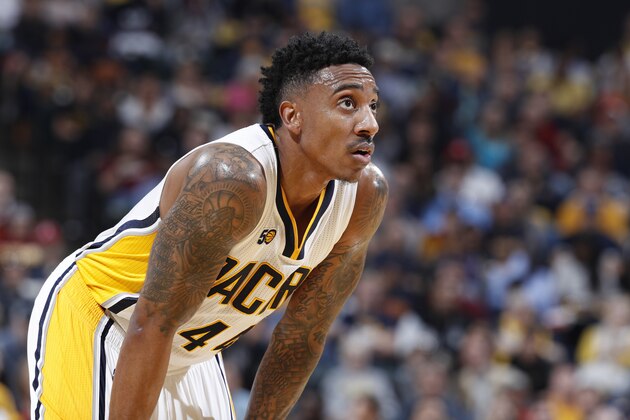 INDIANAPOLIS, IN - APRIL 23: Jeff Teague #44 of the Indiana Pacers looks on against the Cleveland Cavaliers in Game Four of the Eastern Conference Quarterfinals during the 2017 NBA Playoffs at Bankers Life Fieldhouse on April 23, 2017 in Indianapolis, Indiana. The Cavaliers defeated the Pacers 106-102 to sweep the series 4-0. NOTE TO USER: User expressly acknowledges and agrees that, by downloading and or using the photograph, User is consenting to the terms and conditions of the Getty Images License Agreement. (Photo by Joe Robbins/Getty Images)