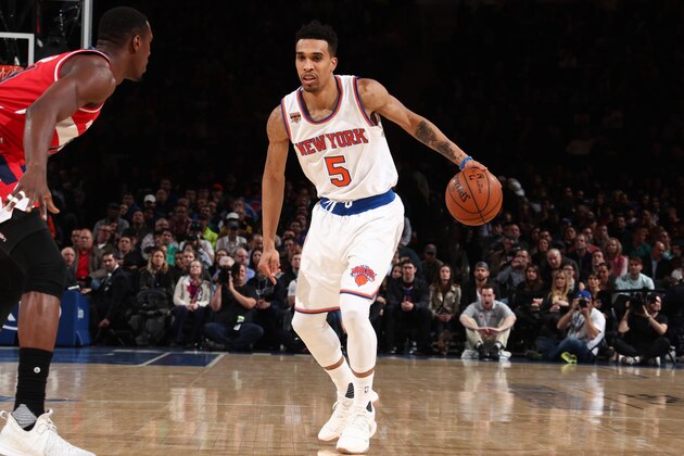 NEW YORK, NY - APRIL 6:  Courtney Lee #5 of the New York Knicks handles the ball during a game against the Washington Wizards on April 6, 2017 at Madison Square Garden in New York City, New York. NOTE TO USER: User expressly acknowledges and agrees that, by downloading and/or using this photograph, user is consenting to the terms and conditions of the Getty Images License Agreement. Mandatory Copyright Notice: Copyright 2017 NBAE (Photo by Nathaniel S. Butler/NBAE via Getty Images)