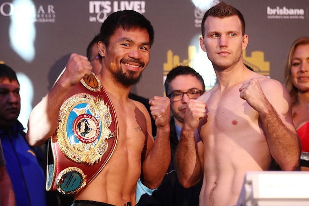 BRISBANE, AUSTRALIA - JULY 01:  Manny Pacquiao and Jeff Horn face off after the weigh in ahead of the title fight between Jeff Horn and Manny Pacquiao at Suncorp Stadium on July 1, 2017 in Brisbane, Australia.  (Photo by Chris Hyde/Getty Images)