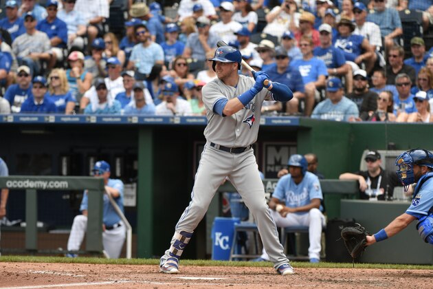 KANSAS CITY, MO - JUNE 25: Justin Smoak #14 of the Toronto Blue Jays bats against the Kansas City Royals at Kauffman Stadium on June 25, 2017 in Kansas City, Missouri. (Photo by Ed Zurga/Getty Images)