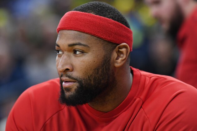 OAKLAND, CA - APRIL 08: DeMarcus Cousins #0 of the New Orleans Pelicans looks on from the bench against the Golden State Warriors during an NBA Basketball game at ORACLE Arena on April 8, 2017 in Oakland, California. NOTE TO USER: User expressly acknowledges and agrees that, by downloading and or using this photograph, User is consenting to the terms and conditions of the Getty Images License Agreement. (Photo by Thearon W. Henderson/Getty Images) OAKLAND, CA - APRIL 08: DeMarcus Cousins #0 of the New Orleans Pelicans looks on from the bench against the Golden State Warriors during an NBA Basketball game at ORACLE Arena on April 8, 2017 in Oakland, California. NOTE TO USER: User expressly acknowledges and agrees that, by downloading and or using this photograph, User is consenting to the terms and conditions of the Getty Images License Agreement. (Photo by Thearon W. Henderson/Getty Images)