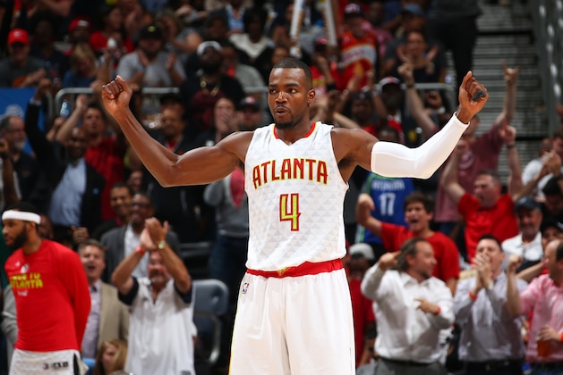 ATLANTA, GA - APRIL 24:  Paul Millsap #4 of the Atlanta Hawks celebrates during Game Four of the Eastern Conference Quarterfinals of the 2017 NBA Playoffs on April 24, 2017 at Philips Arena in Atlanta, Georgia. NOTE TO USER: User expressly acknowledges and agrees that, by downloading and/or using this photograph, user is consenting to the terms and conditions of the Getty Images License Agreement. Mandatory Copyright Notice: Copyright 2017 NBAE (Photo by Kevin Liles/NBAE via Getty Images)