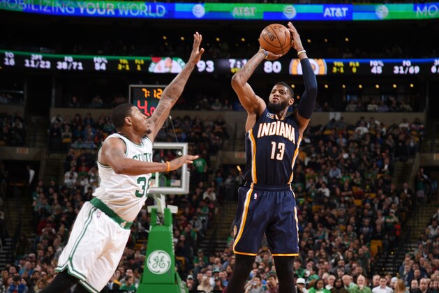 BOSTON, MA - MARCH 22: Paul George #13 of the Indiana Pacers shoots the ball against the Boston Celtics during the game on March 22, 2017 at the TD Garden in Boston, Massachusetts.  NOTE TO USER: User expressly acknowledges and agrees that, by downloading and or using this photograph, User is consenting to the terms and conditions of the Getty Images License Agreement. Mandatory Copyright Notice: Copyright 2017 NBAE  (Photo by Brian Babineau/NBAE via Getty Images)