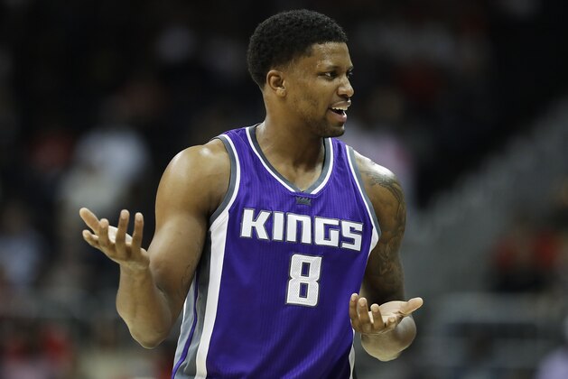 Sacramento Kings' Rudy Gay reacts to an official's call in the third quarter of an NBA basketball game against the Atlanta Hawks in Atlanta, Monday, Oct. 31, 2016. (AP Photo/David Goldman)