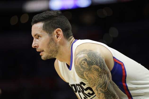 Los Angeles Clippers' JJ Redick looks on during the first half of an NBA preseason basketball game against the Portland Trail Blazers on Thursday, Oct. 13, 2016, in Los Angeles. (AP Photo/Jae C. Hong)