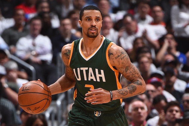 LOS ANGELES, CA - APRIL 25:  George Hill #3 of the Utah Jazz dribbles the ball up court against the LA Clippers in Game Five of the Western Conference Quarterfinals of the 2017 NBA Playoffs on April 25, 2017 at STAPLES Center in Los Angeles, California. NOTE TO USER: User expressly acknowledges and agrees that, by downloading and/or using this Photograph, user is consenting to the terms and conditions of the Getty Images License Agreement. Mandatory Copyright Notice: Copyright 2017 NBAE (Photo by Andrew D. Bernstein/NBAE via Getty Images)