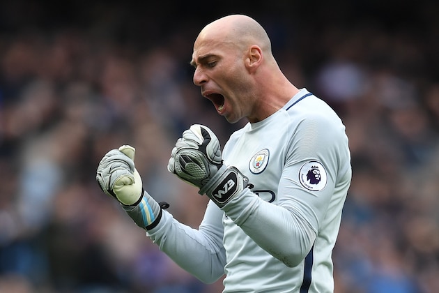 Manchester CIty's Argentinian goalkeeper Willy Caballero celebrates after Manchester City's English midfielder Raheem Sterling scored his team's fourth goal during the English Premier League football match between Manchester City and Crystal Palace at the Etihad Stadium in Manchester, north west England, on May 6, 2017. / AFP PHOTO / Paul ELLIS / RESTRICTED TO EDITORIAL USE. No use with unauthorized audio, video, data, fixture lists, club/league logos or 'live' services. Online in-match use limited to 75 images, no video emulation. No use in betting, games or single club/league/player publications.  /         (Photo credit should read PAUL ELLIS/AFP/Getty Images)