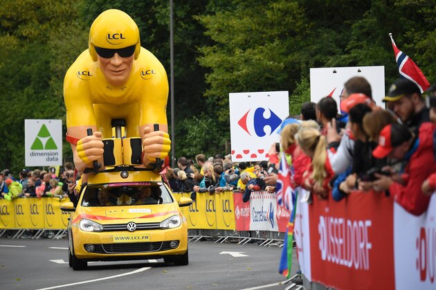 A vehicle of the advertising caravan is pictured during a 14 km individual time-trial, the first stage of the 104th edition of the Tour de France cycling race on July 1, 2017 in and around Dusseldorf, Germany.  / AFP PHOTO / Lionel BONAVENTURE        (Photo credit should read LIONEL BONAVENTURE/AFP/Getty Images)