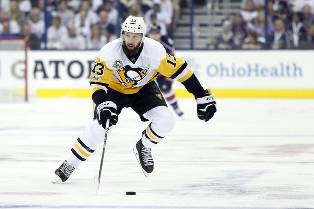 Pittsburgh Penguins' Nick Bonino plays against the Columbus Blue Jackets during Game 3 of a first-round NHL hockey playoff series Sunday, April 16, 2017, in Columbus, Ohio. (AP Photo/Jay LaPrete)