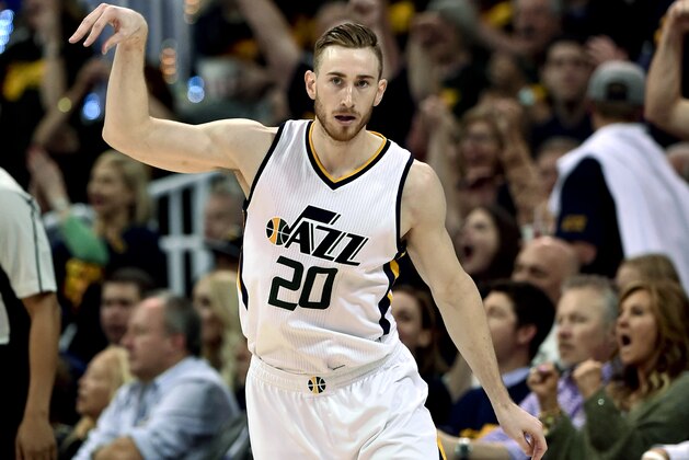 SALT LAKE CITY, UT - MAY 6: Gordon Hayward #20 of the Utah Jazz reacts to his late game three point basket during their 102-91 loss to the Golden State Warriors in Game Three of the Western Conference Semifinals during the 2017 NBA Playoffs at Vivint Smart Home Arena on May 6, 2017 in Salt Lake City, Utah. NOTE TO USER: User expressly acknowledges and agrees that, by downloading and or using this photograph, User is consenting to the terms and conditions of the Getty Images License Agreement. (Photo by Gene Sweeney Jr/Getty Images) SALT LAKE CITY, UT - MAY 6: Gordon Hayward #20 of the Utah Jazz reacts to his late game three point basket during their 102-91 loss to the Golden State Warriors in Game Three of the Western Conference Semifinals during the 2017 NBA Playoffs at Vivint Smart Home Arena on May 6, 2017 in Salt Lake City, Utah. NOTE TO USER: User expressly acknowledges and agrees that, by downloading and or using this photograph, User is consenting to the terms and conditions of the Getty Images License Agreement. (Photo by Gene Sweeney Jr/Getty Images)