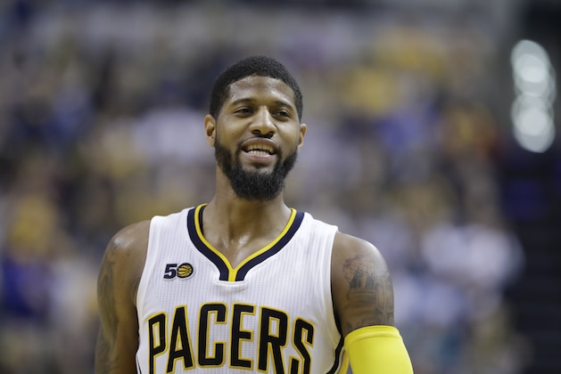 Indiana Pacers' Paul George in action during the second half of an NBA basketball game against the Atlanta Hawks, Wednesday, April 12, 2017, in Indianapolis. Indiana defeated Atlanta 104-86. (AP Photo/Darron Cummings)