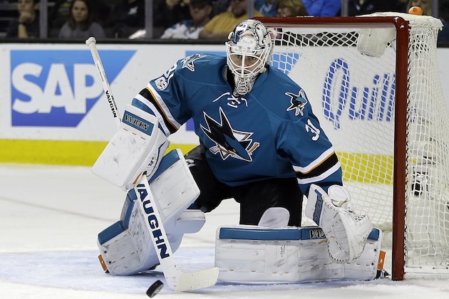 San Jose Sharks goalie Martin Jones eyes a shot from the Nashville Predators during the second period of an NHL hockey game Saturday, March 11, 2017, in San Jose, Calif. (AP Photo/Ben Margot)