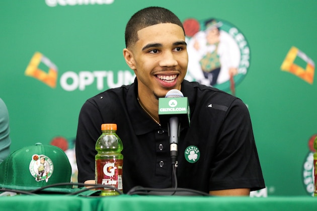WALTHAM, MA- JUNE 23: Jayson Tatum #11 of the Boston Celtics talks with the media during a introductory press conference on June 23 in Waltham, Massachusetts. NOTE TO USER: User expressly acknowledges and agrees that, by downloading and/or using this Photograph, user is consenting to the terms and conditions of the Getty Images License Agreement. Mandatory Copyright Notice: Copyright 2017 NBAE (Photo by Chris Marion/NBAE via Getty Images)