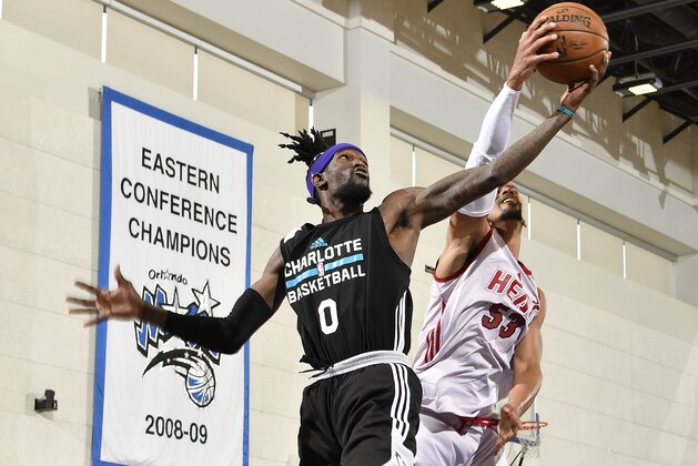 ORLANDO, FL - JULY 1: Briante Weber #0 of the Charlotte Hornets goes up for a rebound against Gian Clavell #53 of the Miami Heat during the 2017 Summer League on July 1, 2017 at Amway Center in Orlando, Florida. NOTE TO USER: User expressly acknowledges and agrees that, by downloading and or using this photograph, User is consenting to the terms and conditions of the Getty Images License Agreement. Mandatory Copyright Notice: Copyright 2017 NBAE (Photo by Fernando Medina/NBAE via Getty Images)