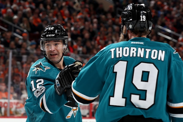 PHILADELPHIA, PA - FEBRUARY 11: Patrick Marleau #12 of the San Jose Sharks is congratulated by teammate Joe Thornton #19 after he scored in the third period against the Philadelphia Flyers on February 11, 2017 at Wells Fargo Center in Philadelphia, Pennsylvania.The Philadelphia Flyers defeated the San Jose Sharks 2-1 in overtime. (Photo by Elsa/Getty Images) PHILADELPHIA, PA - FEBRUARY 11: Patrick Marleau #12 of the San Jose Sharks is congratulated by teammate Joe Thornton #19 after he scored in the third period against the Philadelphia Flyers on February 11, 2017 at Wells Fargo Center in Philadelphia, Pennsylvania.The Philadelphia Flyers defeated the San Jose Sharks 2-1 in overtime. (Photo by Elsa/Getty Images)
