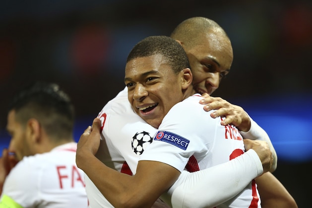 Monaco's Kylian Mbappe celebrates after scoring his side's second goal during the Champions League round of 16 first leg soccer match between Manchester City and Monaco at the Etihad Stadium in Manchester, England, Tuesday Feb. 21, 2017. (AP Photo/Dave Thompson)