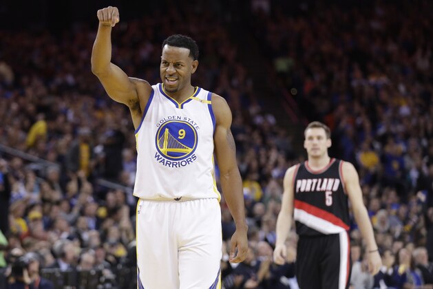 Golden State Warriors' Andre Iguodala (9) during the second half of an NBA basketball game against the Portland Trail Blazers Wednesday, Jan. 4, 2017, in Oakland, Calif. (AP Photo/Marcio Jose Sanchez)