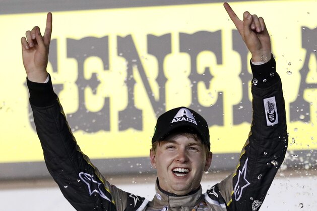William Byron celebrates in Victory Lane after winning the NASCAR Xfinity Series auto race, Saturday, June 24, 2017, at Iowa Speedway in Newton, Iowa. (AP Photo/Charlie Neibergall) William Byron celebrates in Victory Lane after winning the NASCAR Xfinity Series auto race, Saturday, June 24, 2017, at Iowa Speedway in Newton, Iowa. (AP Photo/Charlie Neibergall)