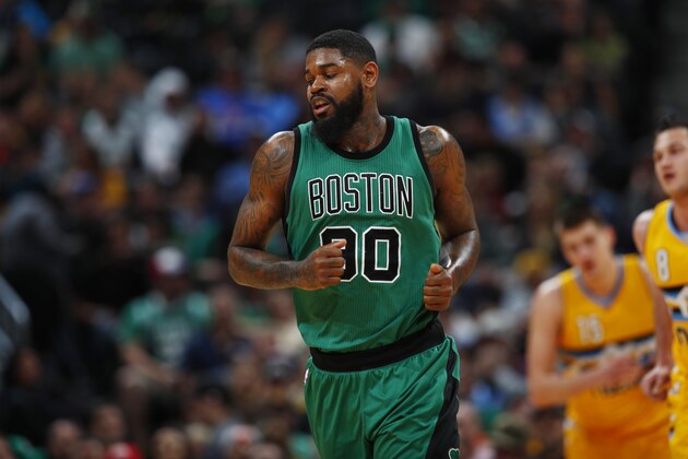 Boston Celtics forward Amir Johnson (90) in the first half of an NBA basketball game Friday, March 10, 2017, in Denver. (AP Photo/David Zalubowski)