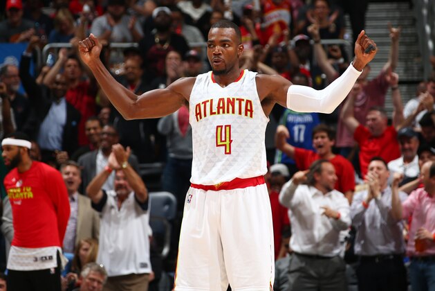 ATLANTA, GA - APRIL 24:  Paul Millsap #4 of the Atlanta Hawks celebrates during Game Four of the Eastern Conference Quarterfinals of the 2017 NBA Playoffs on April 24, 2017 at Philips Arena in Atlanta, Georgia. NOTE TO USER: User expressly acknowledges and agrees that, by downloading and/or using this photograph, user is consenting to the terms and conditions of the Getty Images License Agreement. Mandatory Copyright Notice: Copyright 2017 NBAE (Photo by Kevin Liles/NBAE via Getty Images)