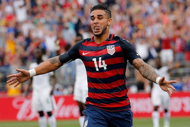 EAST HARTFORD, CT - JULY 01: Dom Dwyer #14 of the United States reacts after he scores a goal during an international friendly between USA and Ghana at Pratt & Whitney Stadium on July 1, 2017 in East Hartford, Connecticut. (Photo by Jim Rogash/Getty Images)