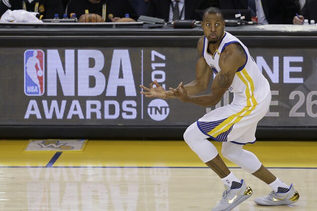 Golden State Warriors forward Andre Iguodala (9) reacts after scoring against the Cleveland Cavaliers during the second half of Game 5 of basketball's NBA Finals in Oakland, Calif., Monday, June 12, 2017. (AP Photo/Ben Margot)