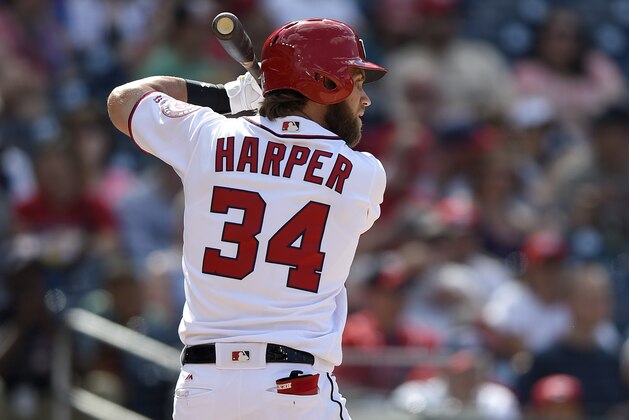 Washington Nationals' Bryce Harper bats during a baseball game against the Cincinnati Reds, Sunday, June 25, 2017, in Washington. The Reds won 6-2. (AP Photo/Nick Wass)